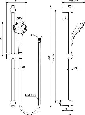 ПРОМО Душ комплект Idealrain, 1-функционален, 720мм